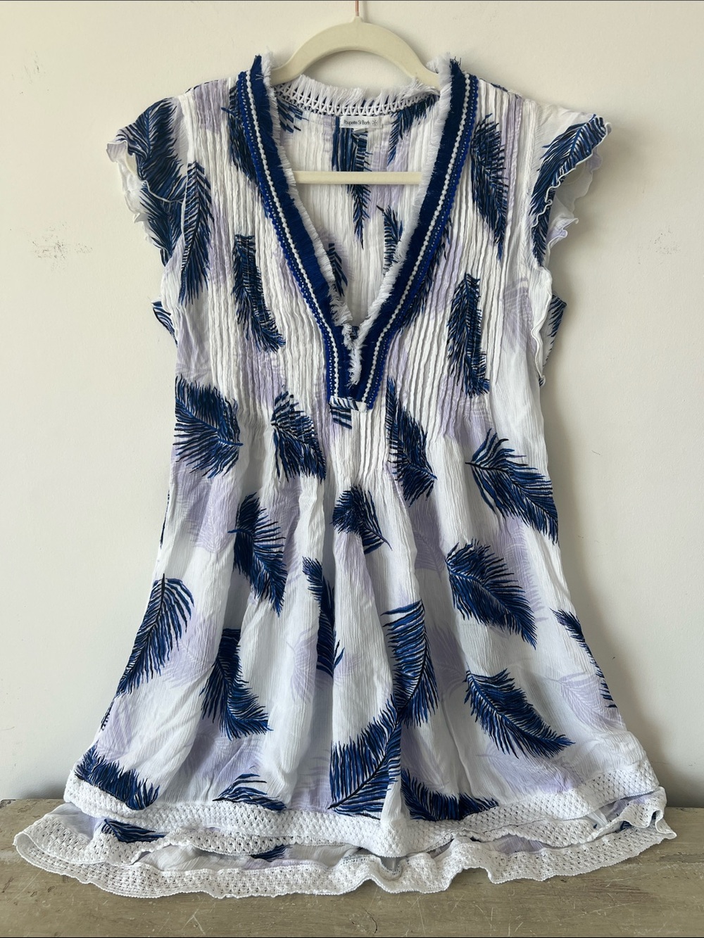 Poupétte St Barth Blue Palm Print Crinkle Sasha Cover Up Mini Dress Size M
